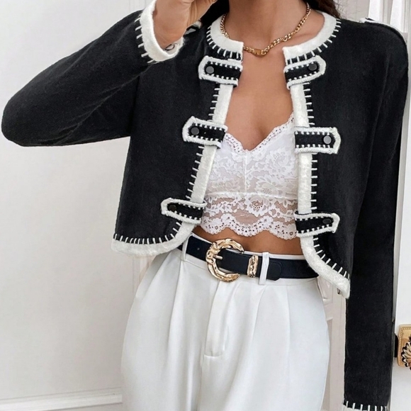 Black Casual Womens Contrast Trim Open Front Cardigan - Picture 6 of 6